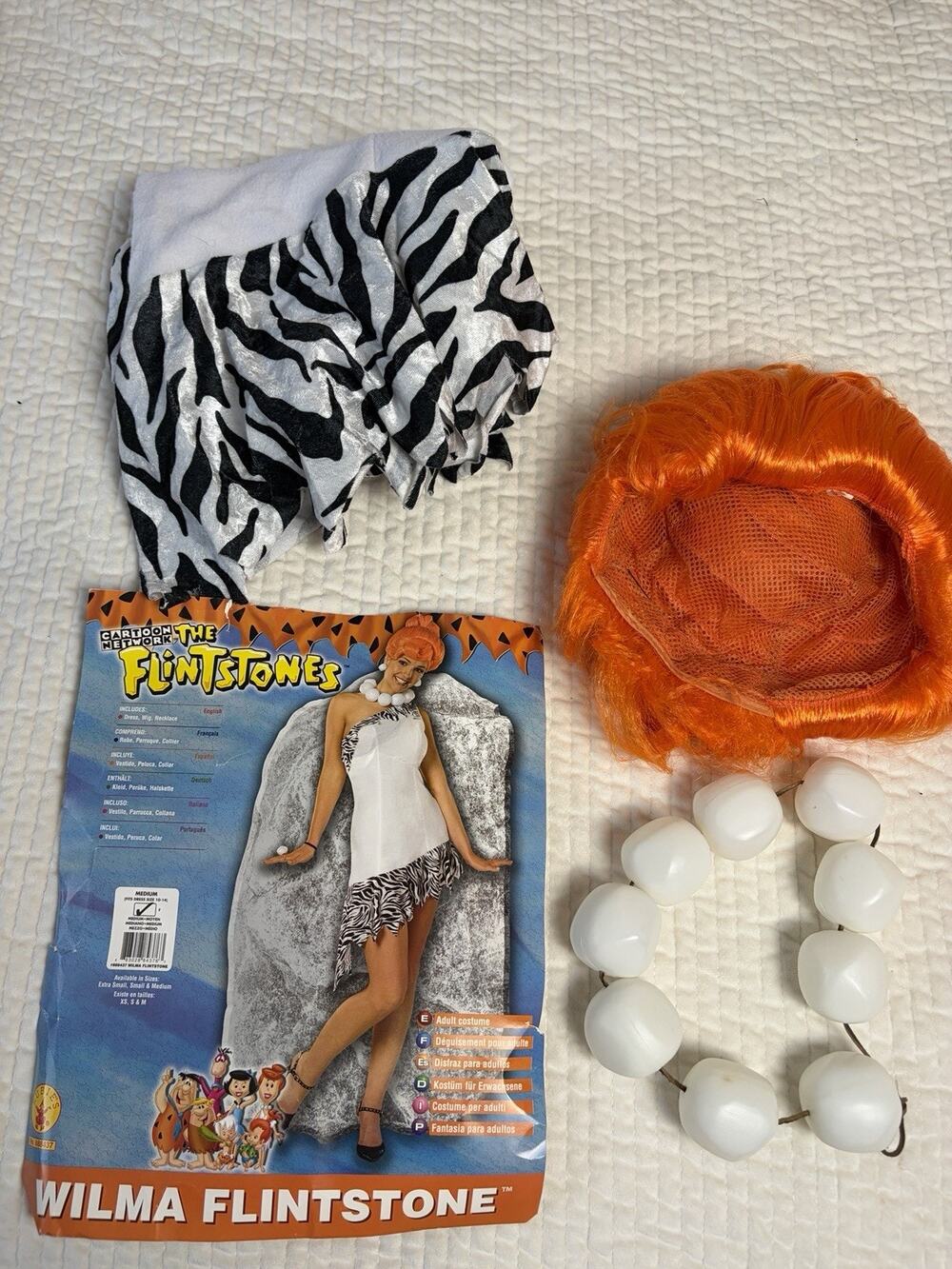 Rubie’s Wilma Flintstone Costume Womens M Dress Wig Necklace Halloween